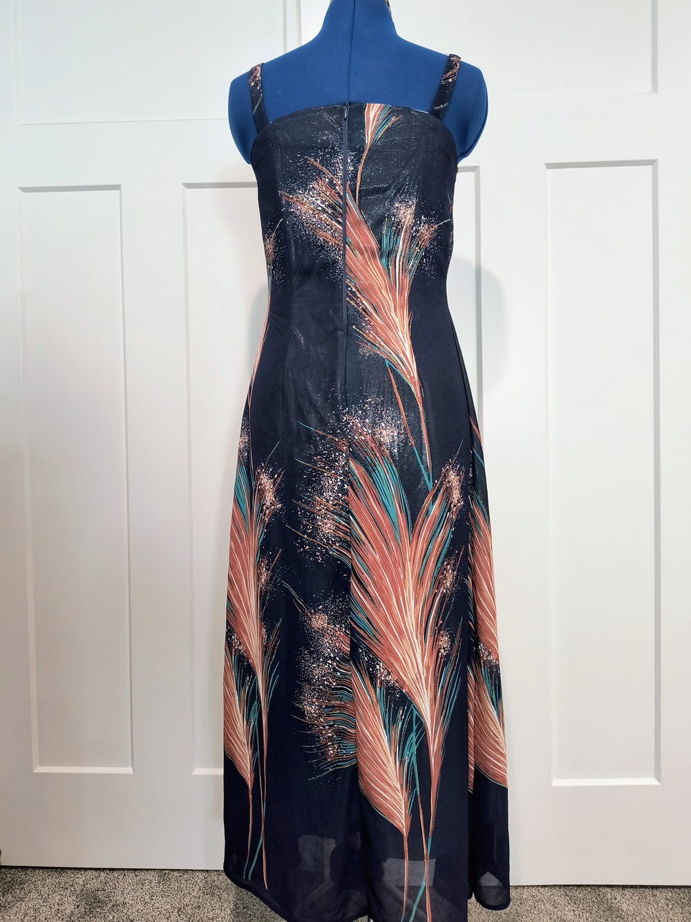 Navy Blue Maxi Dress with Coral & Teal Feather Print - Picture 5 of 7